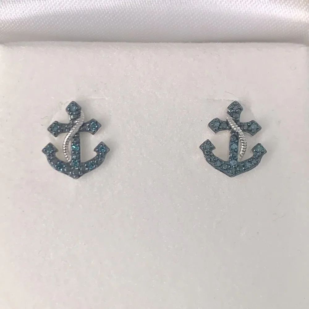 Signed Sun Sterling Silver Anchor Design Pierced Earrings